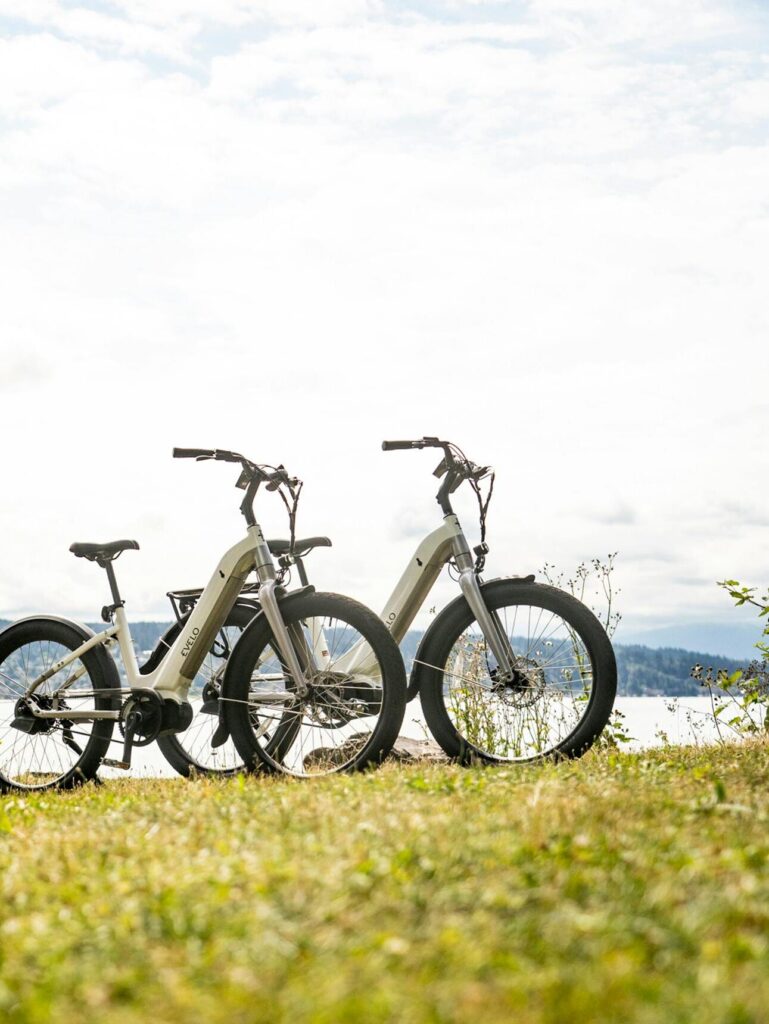 A couple in helmets points while enjoying an electric bike adventure near Seattle's scenic waterfront.